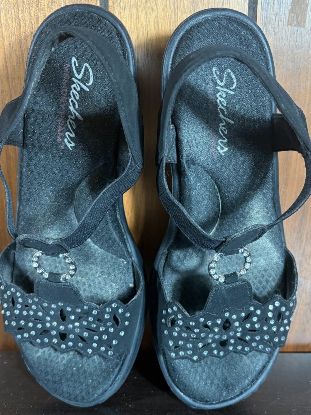 Skechers Sandals Women Sz 10 Black Cali Rumblers Queen B Bling Wedge Slingback